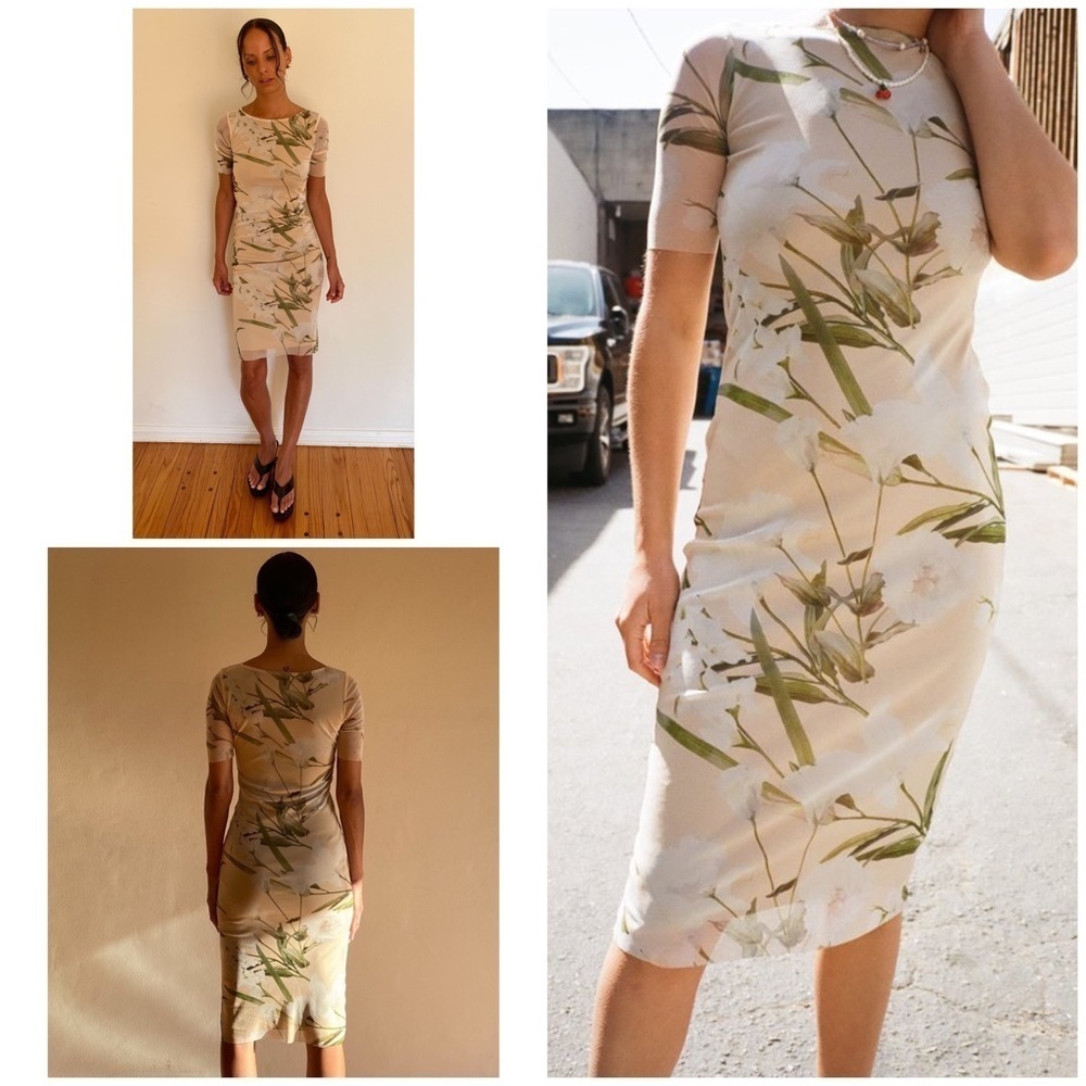 EUC Lisa Says Gah Zelda Lily Floral Mesh Sheath Bodycon Midi Dress M​​​​​